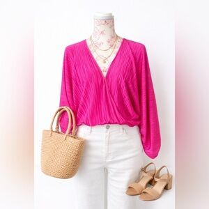 Good American Always Fits Vibrant Fuschia Barbie Pink Pleated Blouse sz 0 - 2